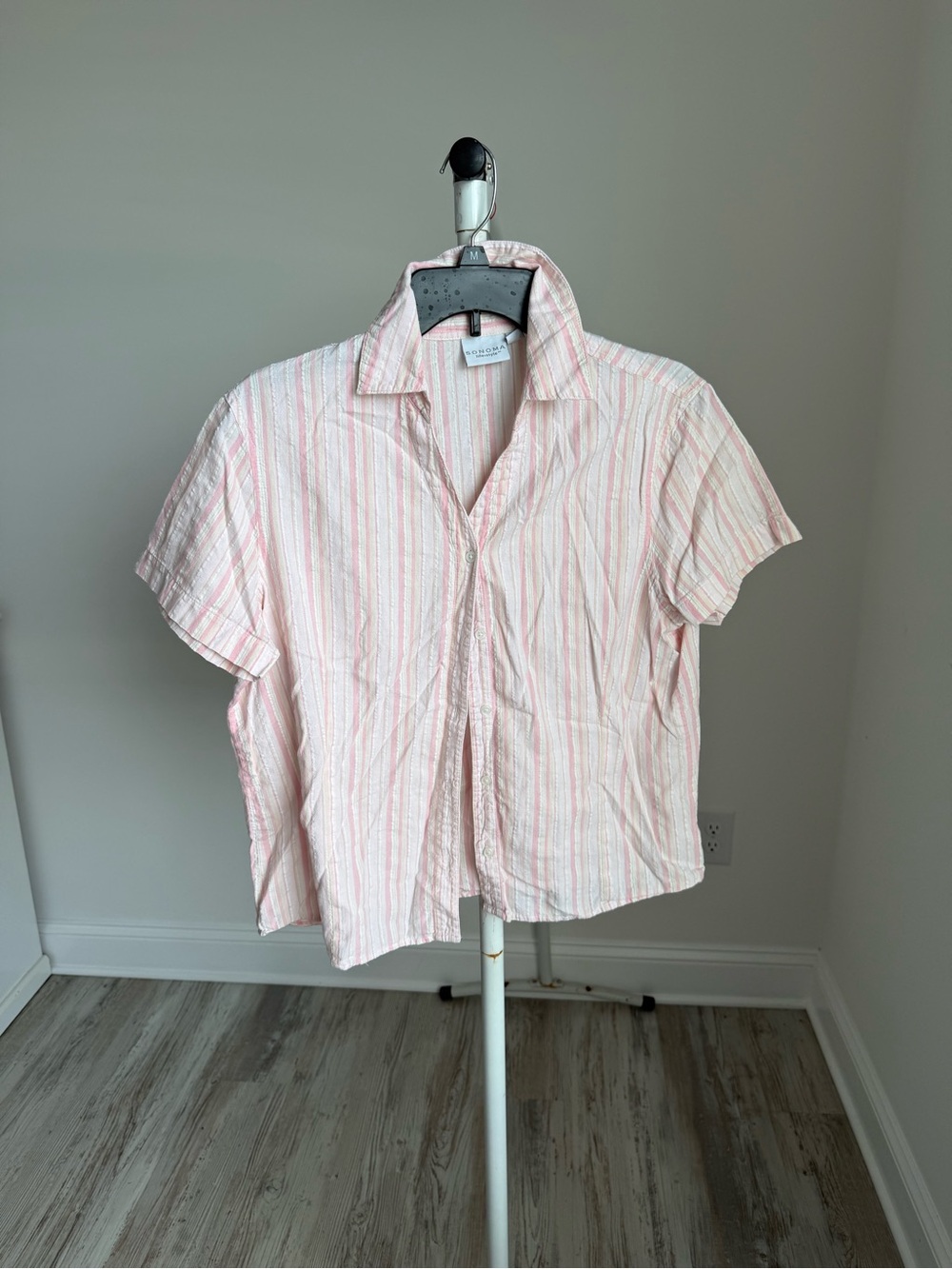 Light Pink Striped Short-Sleeve Button-Down Shirt - Women's